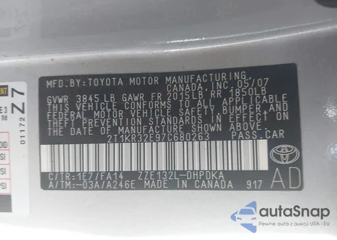 2007 Toyota Matrix z USA, uszkodzony, nr VIN 2T1KR32E97C680263